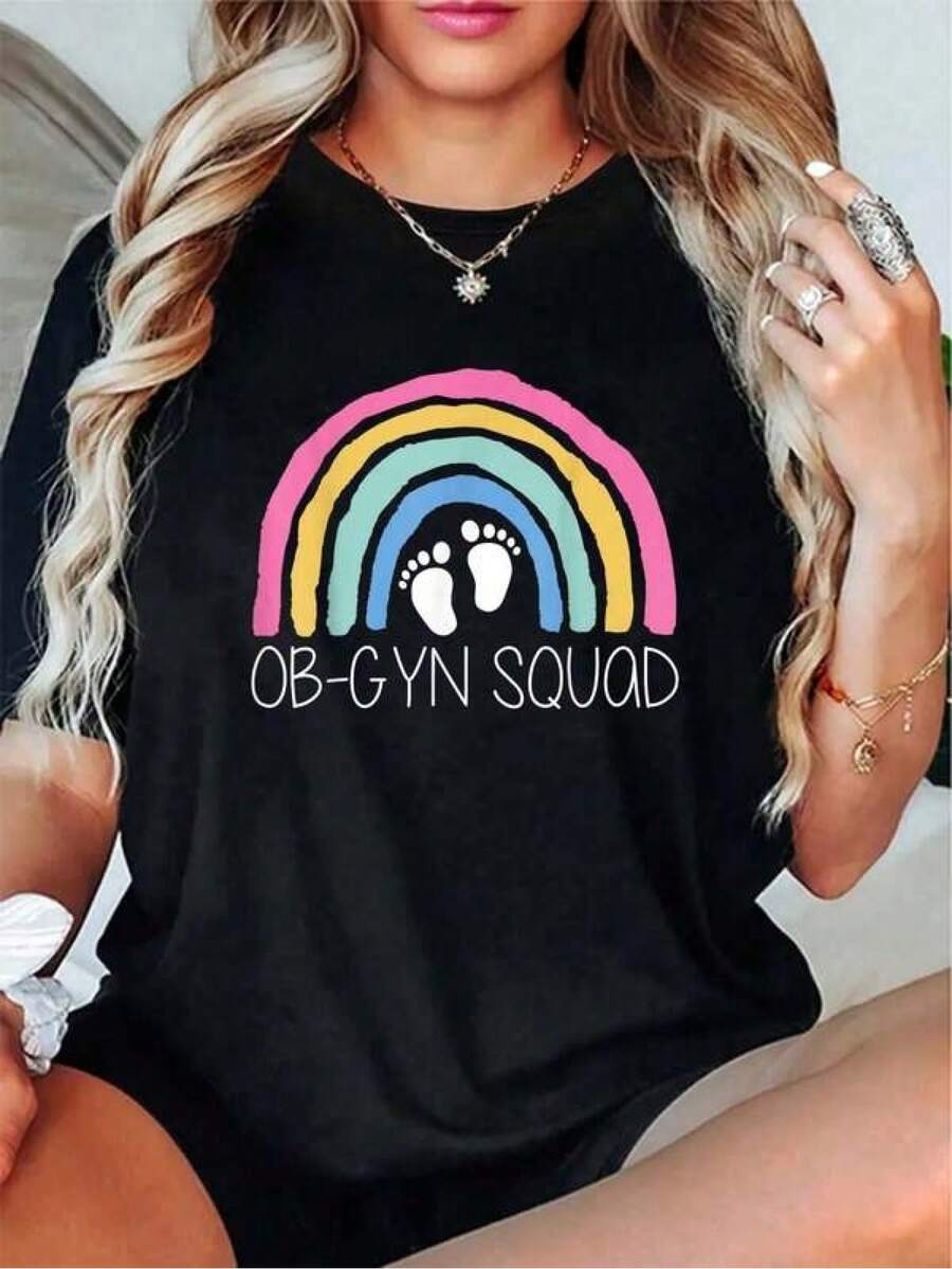 100% Cotton Unisex 1 Piece - OB-GYN Squad Rainbow T-Shirt For Obstetrician, Gynecologist, Nurse - Soft Cotton Casual T-Shirt For Women, Plus Size, 230g - 黑色 - 查看 1