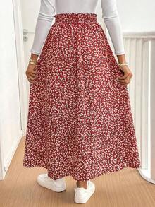 Frenchy Falda larga con abertura y volantes con estampado floral ditsy, casual y de moda para uso diario, vacaciones de verano, color azul floral, para resort - Rosa Roja - Ver 2
