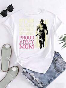 Proud Army Mom T-Shirt, My Son, My Soldier, My Pride, My World, Graphic Print, Military Family Support Gift For Mothers, 220g - 白色 - 查看 3