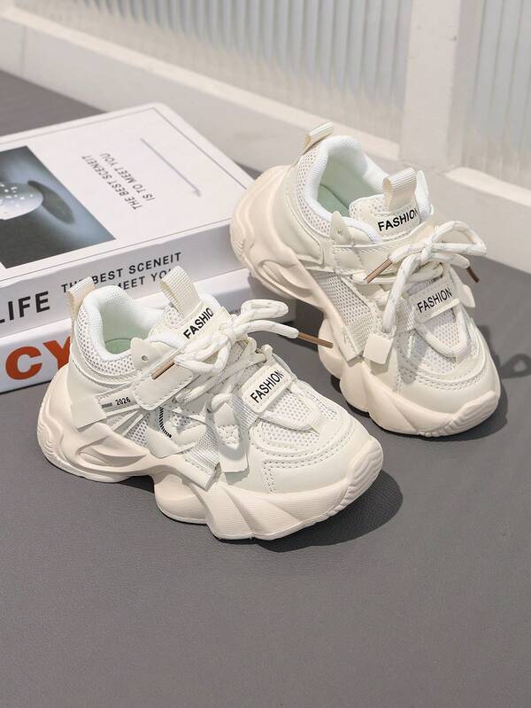 1 Pair Children's Breathable Mesh Casual Sports Shoes, Low-Top, Comfortable, Suitable For Girls, Boys, Students, White, Spring/Summer/Autumn