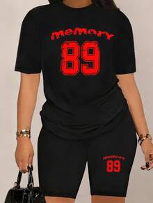 Camiseta de mujer de verano con estampado de letras "memory 89" en color rojo desgastado, camiseta casual de manga corta y cuello redondo, versátil, fresca y moderna para uso diario - Negro-Únicamente Camiseta - Ver 6