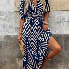 New Contrast Color Geometric Print V-Neck Ruched Waist Flared Hem Dress For Women, Suitable For Commuting, Vacation, Autumn - Naranja - Ver 2