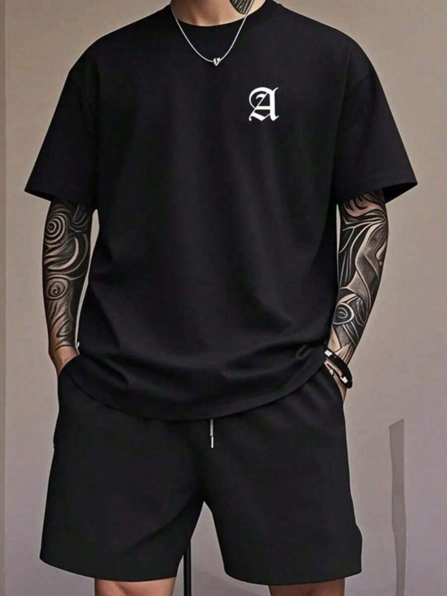 No es un conjunto a juego, los pantalones son solo para referencia de combinación. Hecho de 100% algodón puro, transpirable y agradable para la piel. Cuello redondo clásico, corte ajustado y favorecedor que se adapta a todo tipo de cuerpo. Diseño estampado moderno, minimalista y elegante. Estilo unisex, ideal para conjuntos de pareja. Perfecto para el trayecto diario, citas informales y moda urbana, versátil y atemporal. - Negro - Ver 1