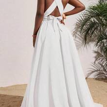 Slayr Women's Sexy Solid Orange Deep V-Neck Backless Cross Tied Long Dress, Summer Vacation - Rosa - Ver 11