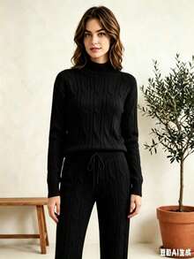 1pc Casual Blouse And Pants Set, Daily Winter Modal Knit, Classic Cable Knit - Black - View 6