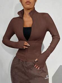 Chaqueta de manga larga de punto ajustada con protección solar para mujer en otoño/invierno, color albaricoque - Marrón - Ver 6