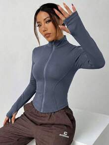 Chaqueta de manga larga de punto ajustada con protección solar para mujer en otoño/invierno, color albaricoque - Gris - Ver 4
