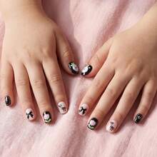 24pcs Y2K Cute Girl Style Cartoon Short Oval Press-On Nail Stickers, Acrylic Material, Full Coverage, Shiny Adorable Patterns Including Cute Cats, Pink & White Tulips, Pink & Black Donuts, Black & White Flowers, Polka Dots, In Black & White Main Colors With Light Pink & Green Accents, Suitable For Children Nail Tips, Girls Gifts, Children's Birthday Party And Makeup Decoration - Multicolor - View 1