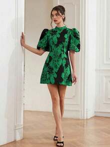 Aveloria Revavyn Vestido corto minimalista de manga corta con cintura ceñida, estampado todo sobre, de estilo bohemio y de vacaciones, con base negra y contraste de color burdeos, manga abullonada y estilo jacquard, para verano, primavera, otoño - Verde - Ver 6