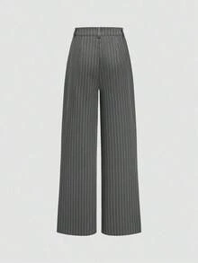 Pantalones rectos casuales de cintura alta y pierna ancha a rayas de moda europea y americana, primavera negro - Gris - Ver 2
