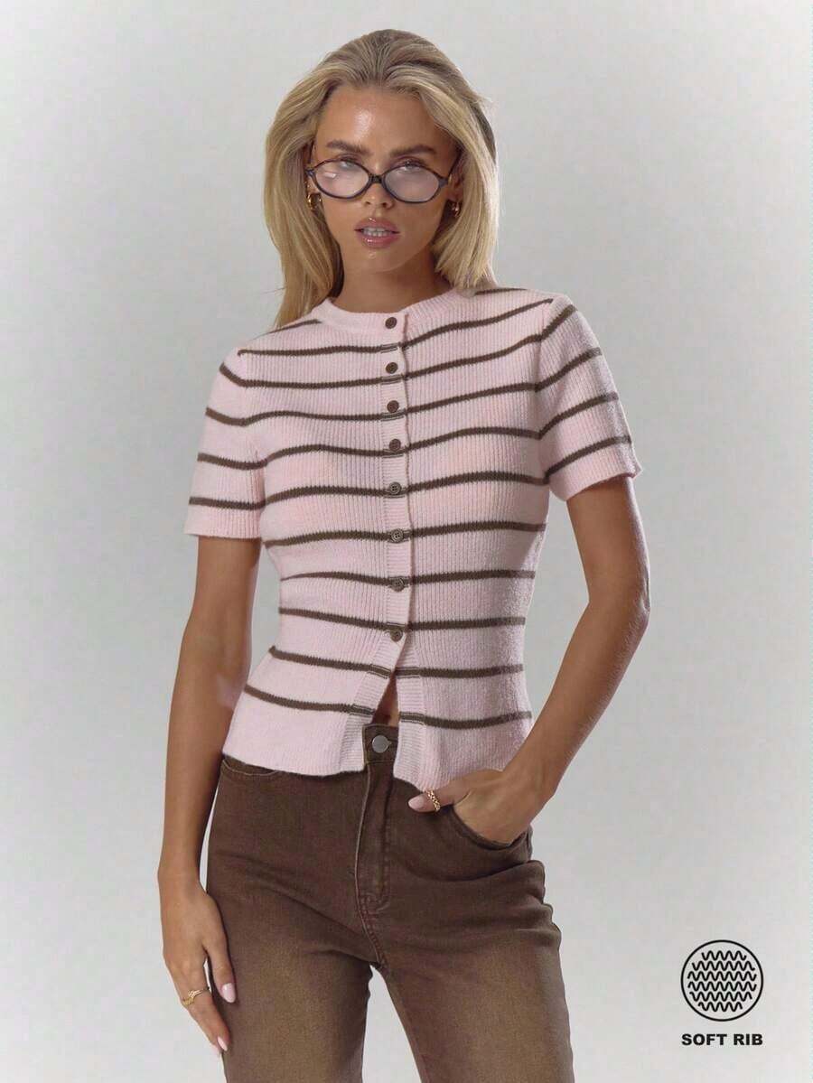 Suéter elegante de primavera, de punto acanalado con botones, de manga corta ajustada, cómodo y lindo, para uso casual, de club de café, de invierno, de fiesta de noche, de Día de San Valentín, de verano - Rosa - Ver 1