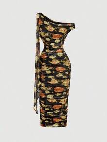 Vestido de longitud media con hombro asimétrico ajustado, fruncido y decoración de hebilla metálica para mujer - Multicolor 2 - Ver 6