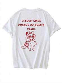 Short-Sleeved T-Shirt With Round Neck,  Minimalist Summer Cat Letter Print In Apricot Color, Versatile Casual Wear For Women (Retro Style, Fresh Style, Sweet Style, Unisex) - White - View 4