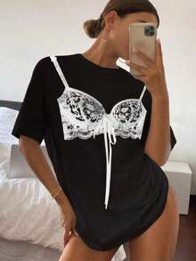 StreetKorean Women's Crew Neck T-Shirt With Printed Design And Front Knot, Stylish Casual Everyday Graphic Tee - 黑色 - 查看 6