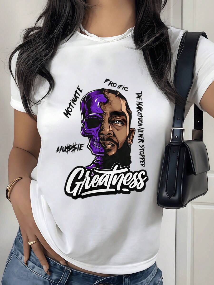 Artistic Face With Purple Cap Representing Inner Strength, Inspiration And Perseverance With Motivational Text About Achieving Greatness, Modern Casual Women's T-Shirt Comfortable For Everyday Wear - White - View 1