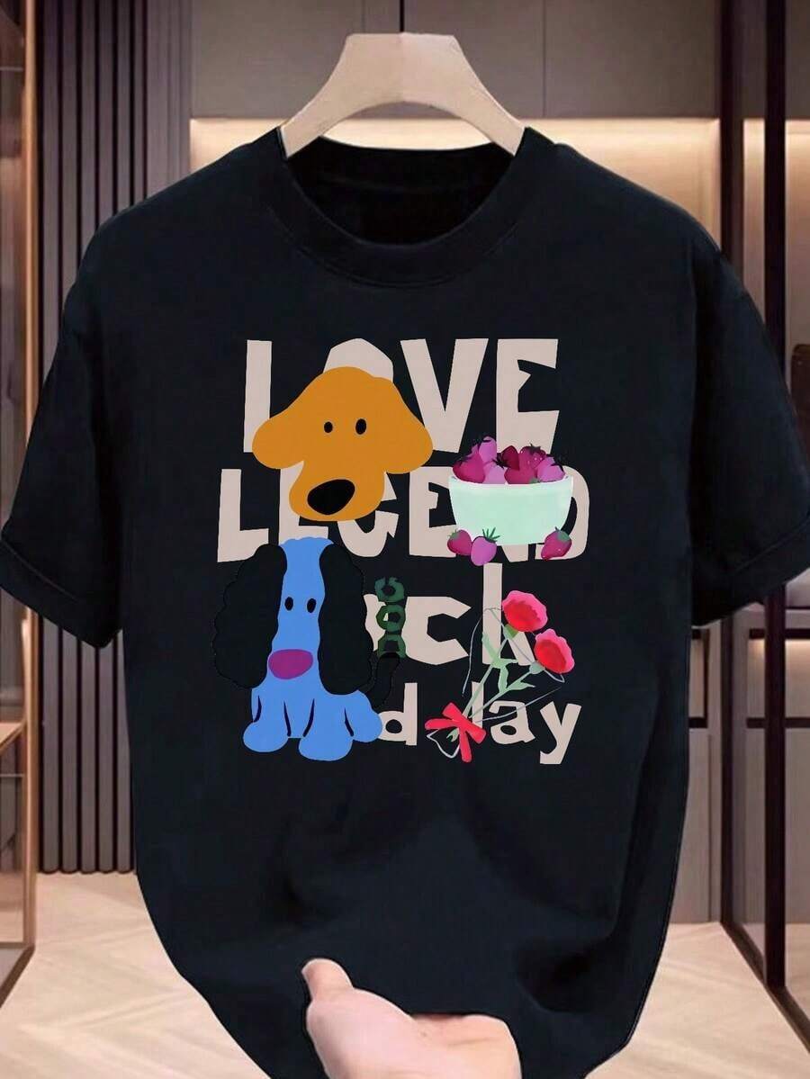 New Summer 2026 Pure Cotton T-Shirt, Casual Graphic Tee For Young People, Pure Cotton Short Sleeve T-Shirt For Men And Women, New Japanese Style Design, Cartoon Dog And Fruit Print, Versatile Outfit For Going To Work, Suitable For Spring, Summer And Autumn. - 黑色 - 查看 1