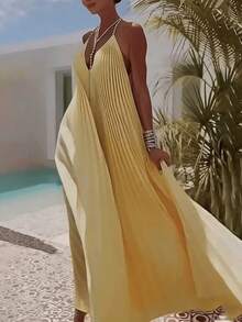 Vestido vacacional de tirantes con escote V profundo, espalda descubierta, pliegues y falda amplia, estilo europeo y americano - Amarillo - Ver 6