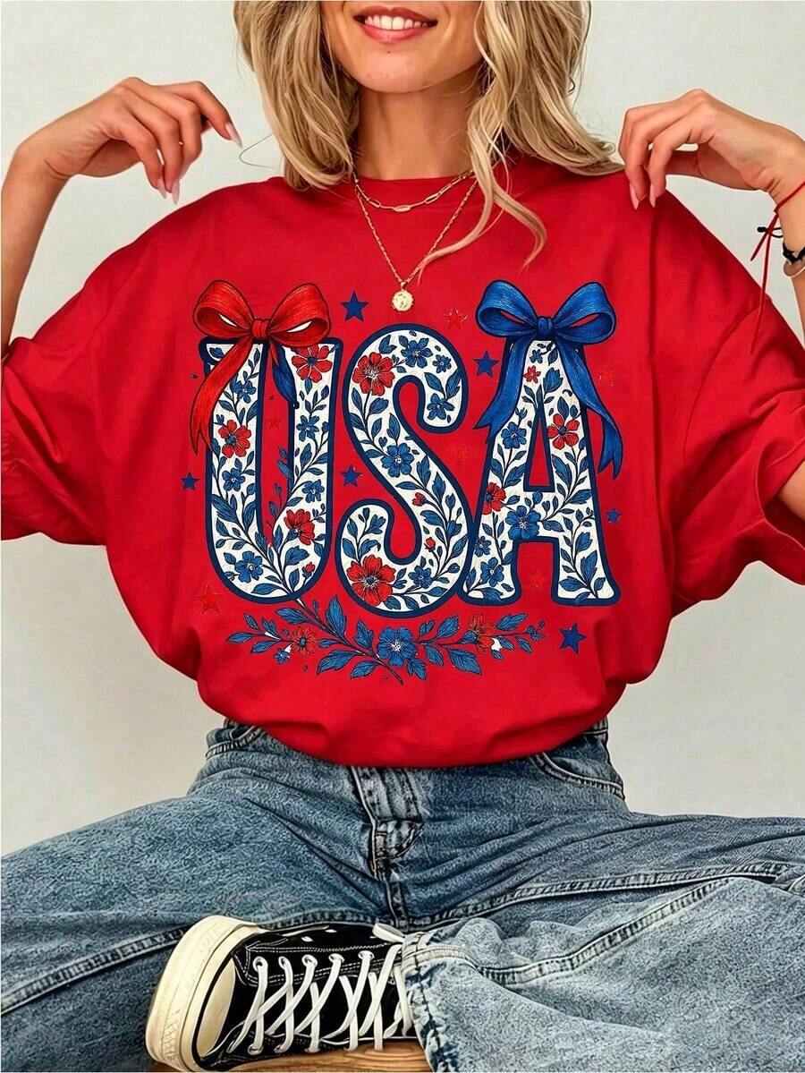 Camiseta de Mujer 100% Algodón con Estampado Gráfico de Lazo Floral, Estilo Patriótico Coqueta, Estilo Y2K para el 4 de Julio, Ropa de Verano Suave y Transpirable, Ropa Casual Urbana, Regalo Único para Ella, 100% Algodón - Rojo - Ver 1