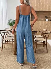 Mono ancho de pierna suelta de unicolor caqui para mujer, mono informal, mono de pierna ancha, mono para vacaciones, mono informal para mujer - Marrón - Ver 10