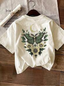 Plus Size Summer T-Shirts With Butterfly And Flower Print On Both Sides, Comfortable And Breathable, Perfect For Everyday Wear And Casual Wear, Ideal Gift - Apricot - View 2