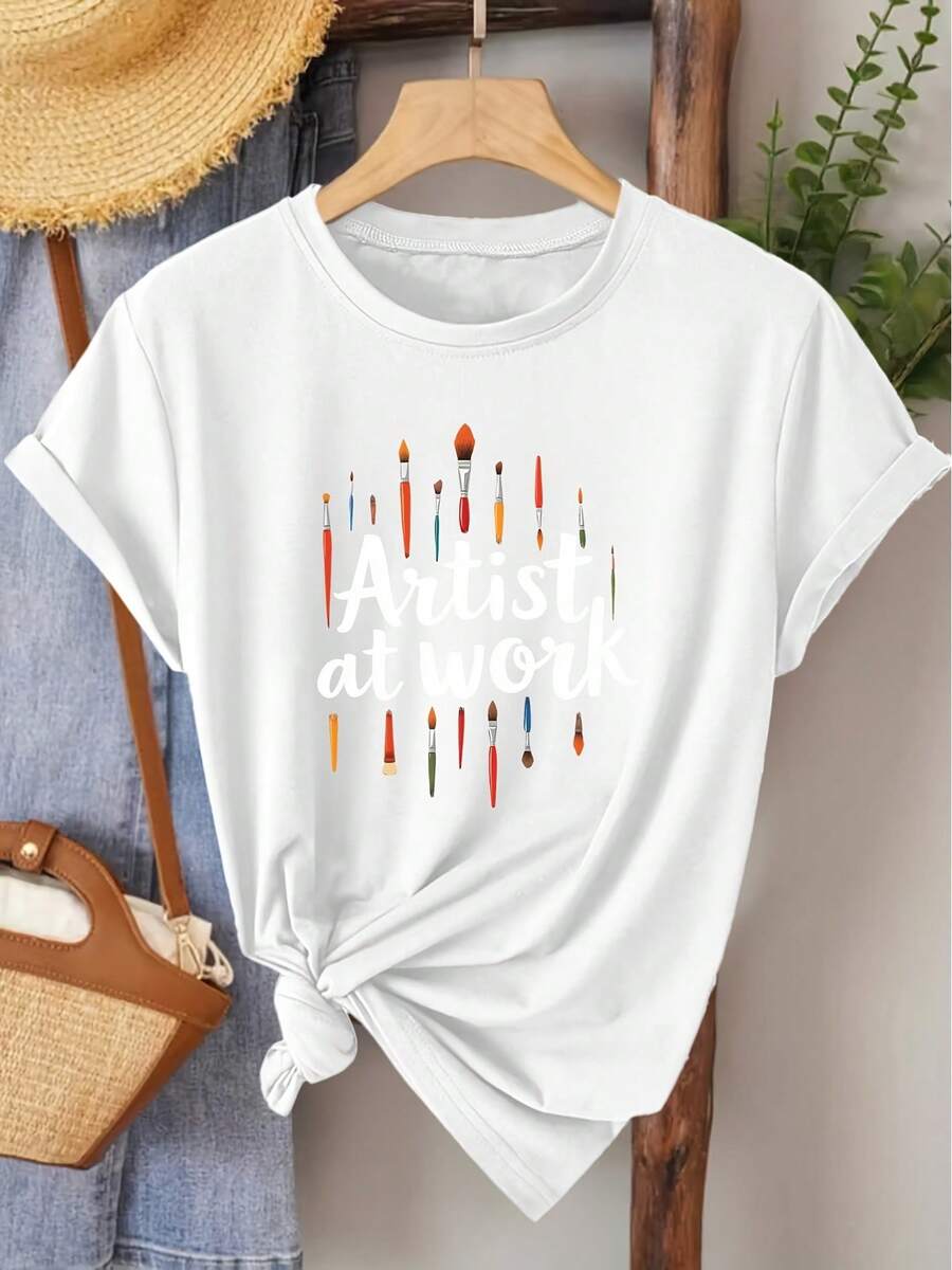 Camiseta de manga corta de estilo elegante para mujer, de talla grande, con estampado "Artista en acción", cuello redondo, adecuada para primavera, verano, otoño. Moderna para ir al trabajo, vacaciones, uso diario, versátil, casual, elegante, estilo vintage, disponible en tallas S-XXL. 100% algodón. - Blanco - Ver 1