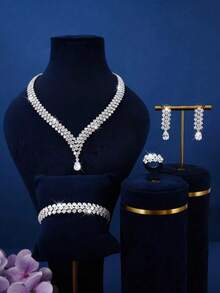 5 piezas/Set Collar, Aretes, Pulsera, Anillo Decorados con Cristales de Circonita Brillante en Forma de Gota de Agua y Rombo de Lujo Ligero para Mujer, Adecuado para Novia, Boda, Festival, Vacaciones, Uso Diario, Fiesta, Regalo, Elegante, Lujoso, Joyería de Alta Gama - Plateado - Ver 1
