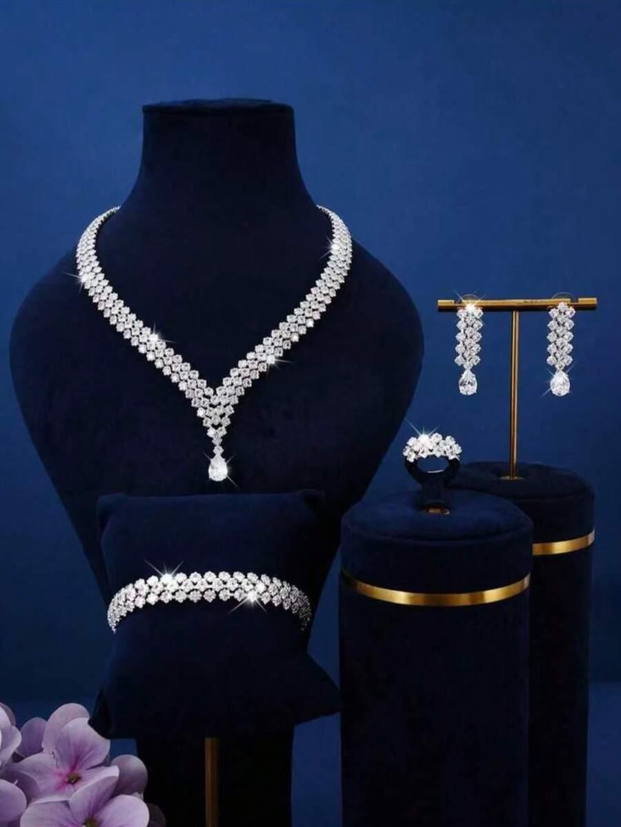 5 piezas/Set Collar, Aretes, Pulsera, Anillo Decorados con Cristales de Circonita Brillante en Forma de Gota de Agua y Rombo de Lujo Ligero para Mujer, Adecuado para Novia, Boda, Festival, Vacaciones, Uso Diario, Fiesta, Regalo, Elegante, Lujoso, Joyería de Alta Gama - Plateado - Ver 1