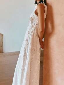 Vestido largo verano mujer encaje bordado lazos elegante ajustado estilo vacaciones moda europea - Blanco - Ver 7