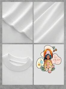 Ilustración de dos chicas abrazadas celebrando la graduación con flores coloridas y símbolos de amistad y logro personal camiseta de mujer  casual cómoda para uso diario y regalo especial - Blanco - Ver 4