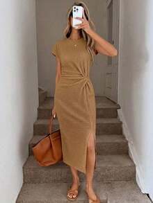 Vestido midi casual de mujer con estampado de lunares, cintura retorcida y abertura alta sin mangas; Vestido ajustado texturizado casual de mujer; Conjunto de fitness de mujer; Vestido de invitada de boda de mujer; Atuendo de oficina de mujer - Caqui - Ver 1