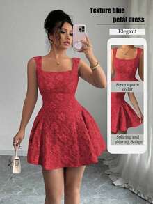 Vestido mini azul de mujer con cuello ancho, sin mangas, cintura recogida y textura de jacquard, elegante y romántico para graduación, baile de graduación, fiesta, festival de música, vacaciones - Rosa Fucsia - Ver 1