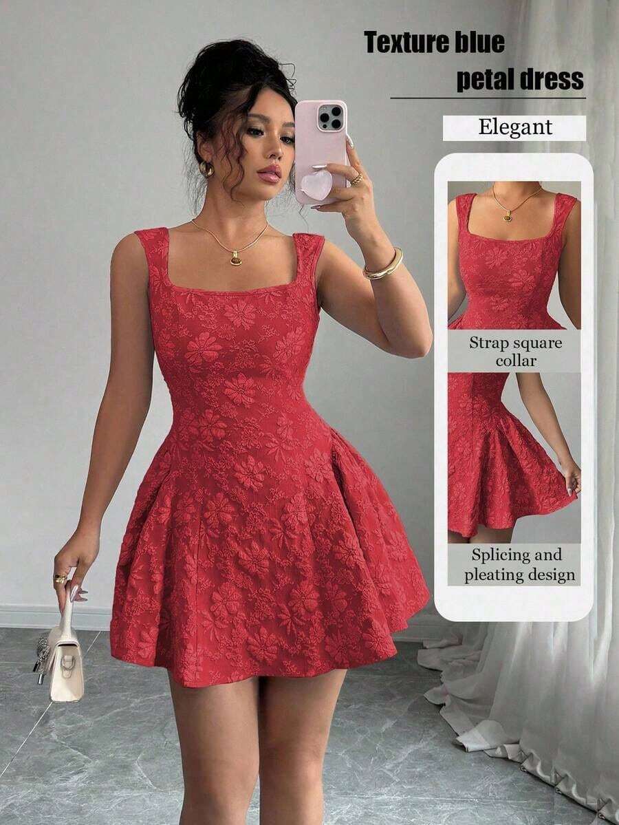 Vestido mini azul de mujer con cuello ancho, sin mangas, cintura recogida y textura de jacquard, elegante y romántico para graduación, baile de graduación, fiesta, festival de música, vacaciones - Rosa Fucsia - Ver 1