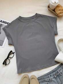 Set de 3 camisetas casuales de mujer de cuello redondo y unicolor, versátiles para uso diario - Gris - Ver 3