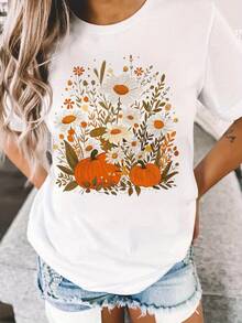 Camiseta de Mujer Boho Otoño con Estampado de Calabaza y Flores Silvestres - Manga Corta y Cuello Redondo, Ideal para Verano y Primavera, Blusa Casual Bohemia - [Blanco] - Ver 6