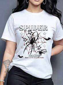 Camiseta para mujer, con estampado de araña negra, telaraña y murciélagos, letras plateadas "SPIDER", cuello redondo, manga corta - Blanco - Ver 1