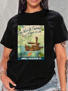 El estampado muestra un barco aventurero navegando entre hojas tropicales y aves que simbolizan libertad y exploración en selvas misteriosas, transmitiendo energía positiva y espíritu viajero camiseta de mujer  cómoda y casual para uso diario - Negro - Ver 6