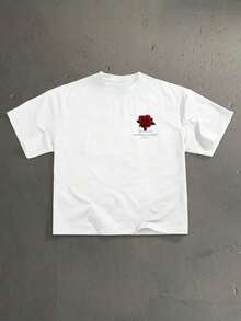 Camiseta de manga corta holgada y corta con estampado casual de fuente manuscrita floral para hombre, esencial para citas y reuniones, regalo de pareja de moda para el novio--Camiseta ligera, transpirable y holgada - Blanco 3 - Ver 2