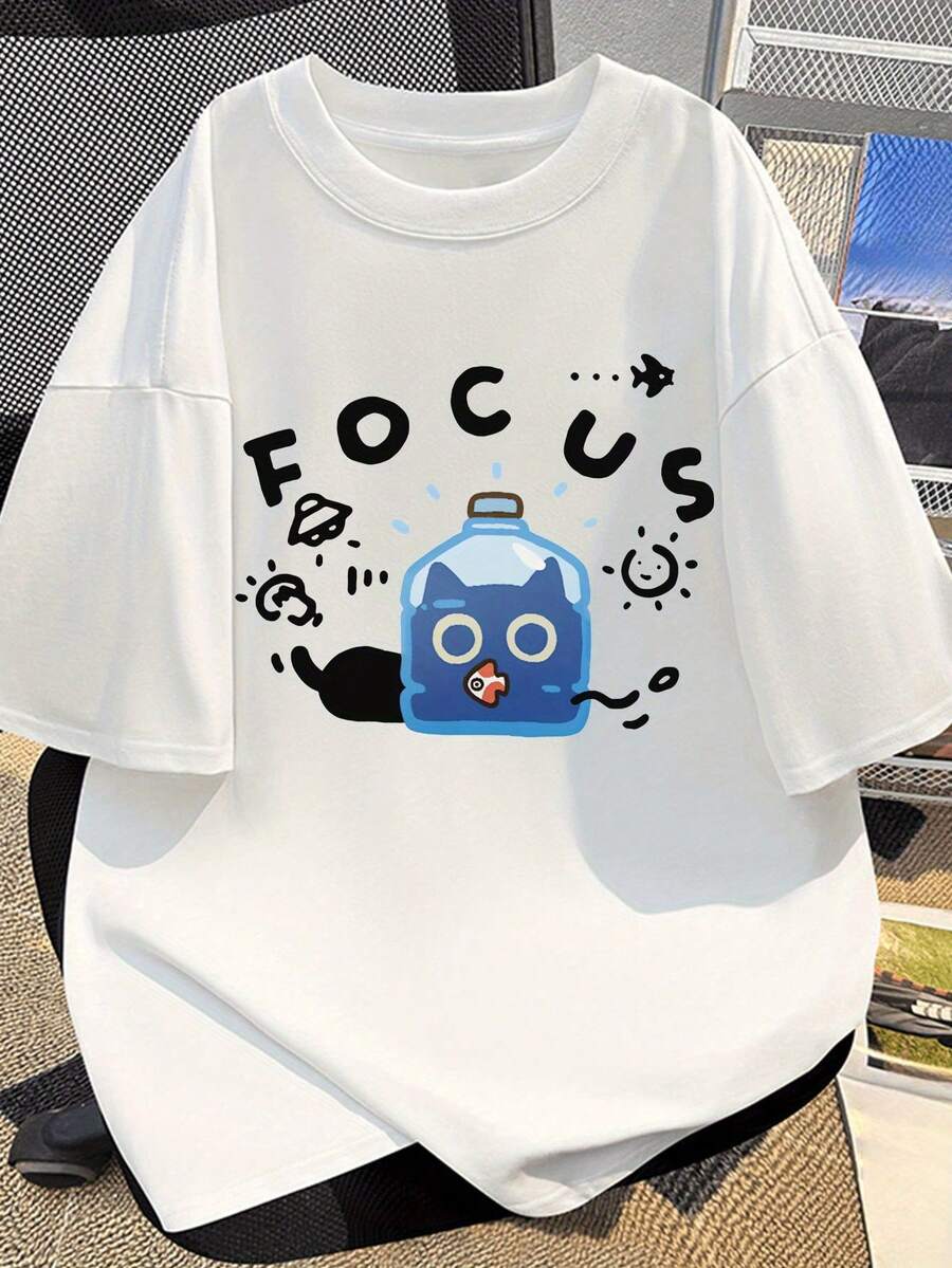 Men's Short Sleeve T-Shirt, Funny Cat Print, Loose Fit Summer Tee, Casual American High Street Style, New - 白色 - 查看 1