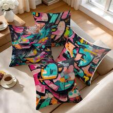 Set de 4 fundas de cojín con estampado abstracto de graffiti, impresas por un solo lado, adecuadas para la sala de estar, el dormitorio, la decoración del hogar, todo el año - Multicolor - Ver 6