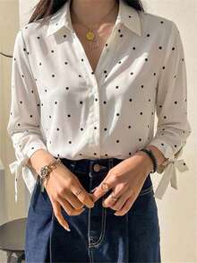 Nueva blusa de manga larga abullonada con cuello Peter Pan, color azul dopamina, para mujer, con estampado de lunares, ideal para salidas. - Blanco - Ver 3