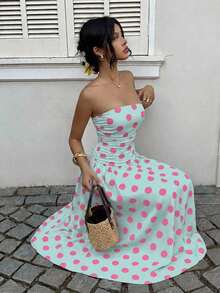 YkhahaMainGRL Vestido bandeau con cintura ceñida y estampado de lunares, estilo vacacionalYkhaha - Multicolor 13 - Ver 2