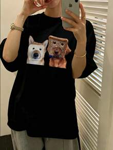 Women's Loose-Fitting Short-Sleeved T-Shirt, Casual, Vintage, Sweet And Modern Style, With Fun Dog Bread Print, Pure Fabric, Y2K Style, Suitable For Frequent Summer Outings, Versatile Top For Casual And Sporty Use. - 黑色 - 查看 1