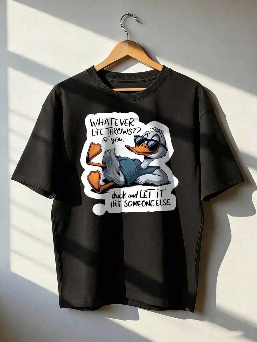 Relaxed Duck T-Shirt With "Whatever Life Throws At You" Slogan. Short-Sleeved T-Shirt For Spring/Summer 2026, Made In Mexico, 180 Grams. Cartoon Print, Couple Design, Suitable For Indoor Or Outdoor Wear. Crew Neck, Unisex, Ideal For The Office And Leisure. One-Pack. - BK-P631577SLNDXZGY378 - 查看 1