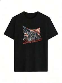 Camiseta con Estampado de la Estatua de la Libertad y Bandera USA,Camiseta de manga corta de moda para primavera y verano de 2026, hecha en México, 180 gramos. Estampado de dibujos animados, modelo de pareja, apta para uso interior o exterior. Cuello redondo, unisex, ideal para oficina y ocio. Paquete de una pieza. - BK-P631577SLNDXZGY482 - Ver 3