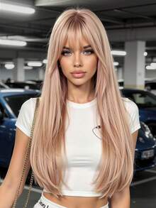 26 Inch Pink Layered Straight Wig With Bangs, Heat Resistant Synthetic Hair, Suitable For Beginners, Daily Wear And Parties - Rusty Rose - View 1