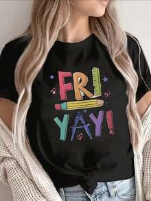 Simple And Versatile Design Short-Sleeved T-Shirt With A FRI YAY Graphic Design, A Fun Friday Theme For Casual Wear At Home, The Office, Or A Restaurant. Lightweight And Durable For Everyday Comfort. Cotton T-Shirt - 黑色 - 查看 7