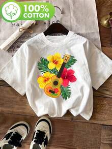 Camiseta Y-Three con estampado de flores hawaianas y guitarra, de manga corta y cuello redondo, estilo casual, para verano y primavera, ropa de mujer. - Blanco - Ver 7