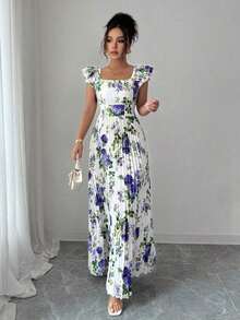 xheSelianne Vestido largo con estampado floral elegante y vuelo plisado en el bajo para mujer, para veranoxhe - Morado - Ver 6