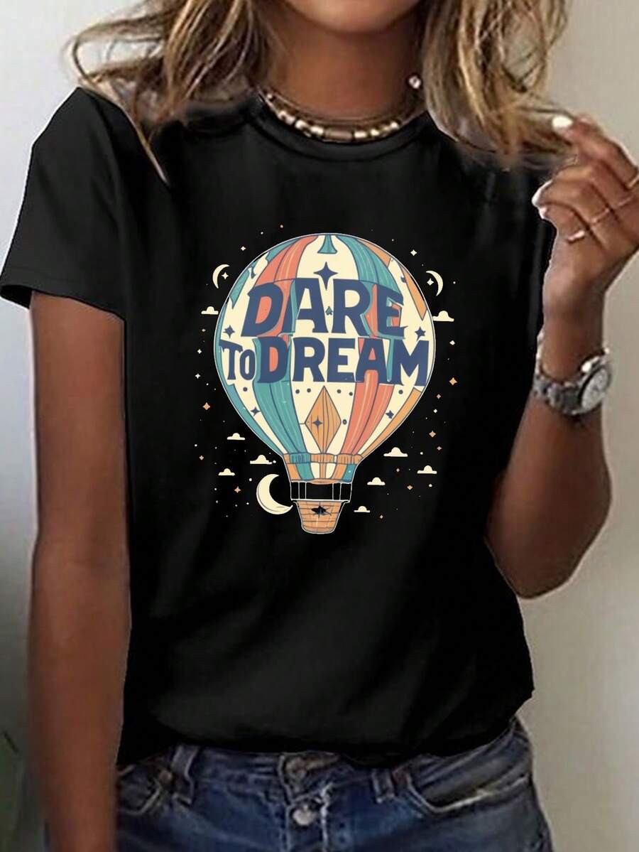 Women's T-Shirt With Inspirational Hot Air Balloon Print, Casual Crew Neck, Short Sleeve, 100% Polyester Knit Fabric, Geometric Pattern, All Seasons Wear, 180gsm - Summer And Spring Fashion - 黑色 - 查看 1