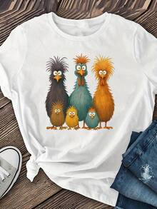 Women's Casual Short Sleeve T-Shirt With Cartoon Chicken Print - Crew Neck T-Shirt With Vibrant Animal Graphic, Medium Stretch Fabric, Machine Washable For Spring, Summer And Autumn, Women's T-Shirts, Everyday Wear, Original Fashion, Breathable Material, Printed T-Shirt, Fun Style - 白色 - 查看 2